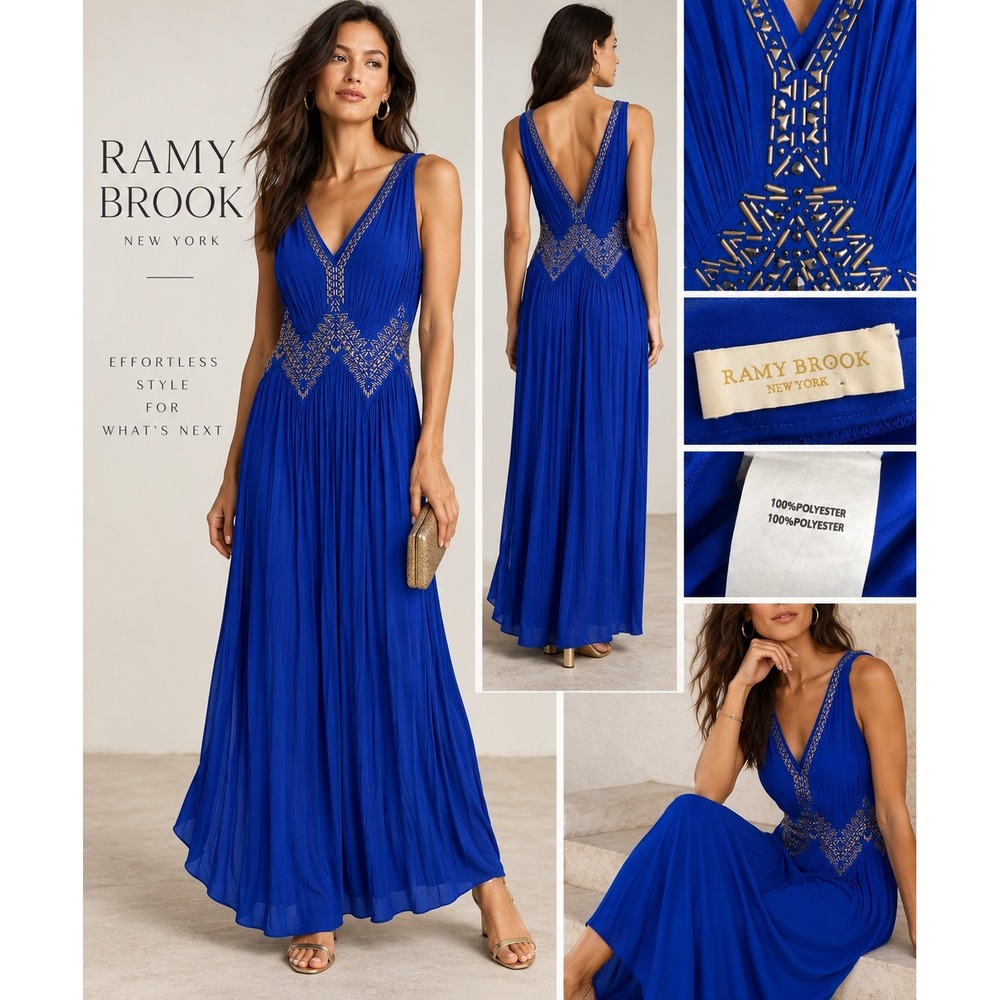 Ramy Brook Demi | Studded V-Neck Maxi Dress | 6 | Azure Blue | Pleated Bodice